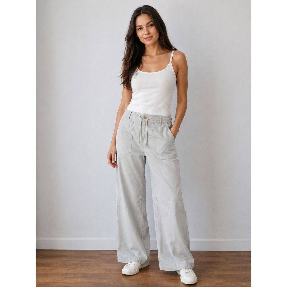 Gap Linen Blend Wide Leg Pants Women Sz14 Light Beige Drawstring Casual Trousers
